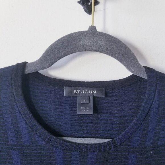 St. John Wool Blend Crew Neck Button Cuff Sweater Size S Blue Black EUC - Picture 4 of 4